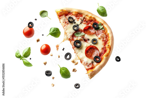 Flying pizza slice with vibrant toppings of pepperoni, olives, and fresh herbs soaring against a clean background