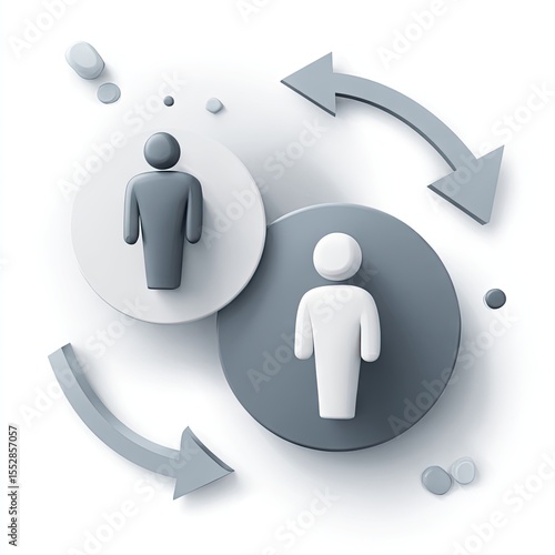 Two 3D figures, one dark gray, one light gray, situated in overlapping circles, with curved arrows depicting reciprocal exchange or interaction.  Subtle background dots