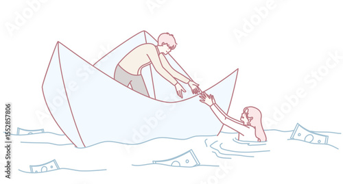 An illustration of a hero rescuing someone from treacherous waters, with floating money symbolizing chaos