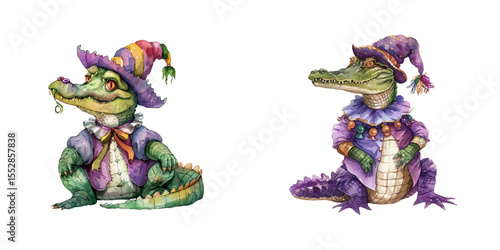 mardi gras jester alligator watercolor vector illustration