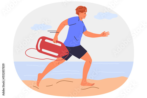 Man lifeguard runs along beach to save life of man in need of help is drowning in sea. Guy works as lifeguard at summer resort and hurries to provide first aid to people cannot swim.