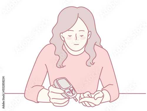 A woman diligently checking her blood sugar levels with a glucometer, concentrating on effective health management