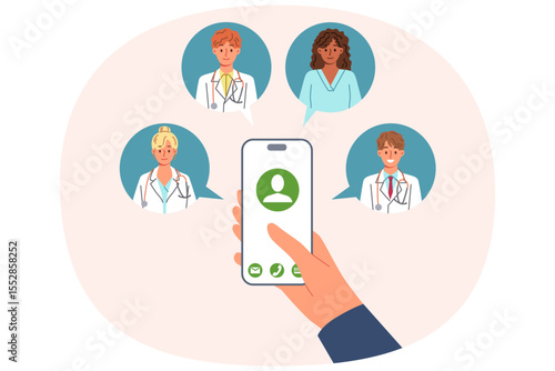 Doctors around mobile phone in patient hand, for concept calling medical personnel at home, for first aid. Person calls doctors for advice when symptoms of illness or deterioration in health appear