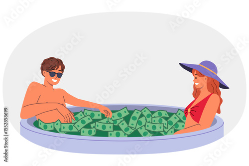 Wealthy couple swims in pool filled with money, enjoying luxury of high investment returns. Wealthy man tries to charm woman by boasting of big profits from business or salary from corporation