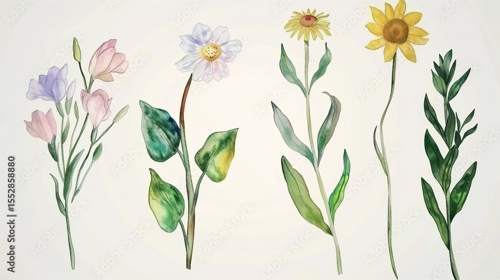 Fototapeta premium Watercolor Hand Drawn Flowers – a delicate and artistic floral illustration. The hand-drawn watercolor flowers create a soft, charming, and creative botanical scene.