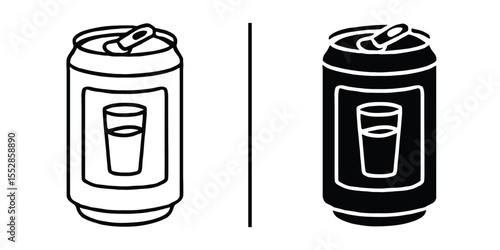 Cool Beverage Icons: A minimalistic graphical depiction of an aluminum drink can, with contrasting representations in black and white, elegantly divided by a clean vertical line.