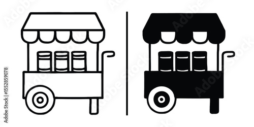 Street food vendor icon: A charming street food vendor cart, captured in both outlined and filled silhouettes, inviting viewers to explore the essence of urban culinary experiences.