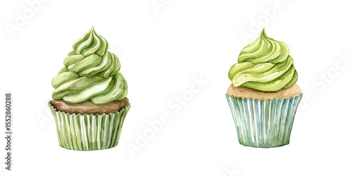 matcha cupcake watercolor vector illustration