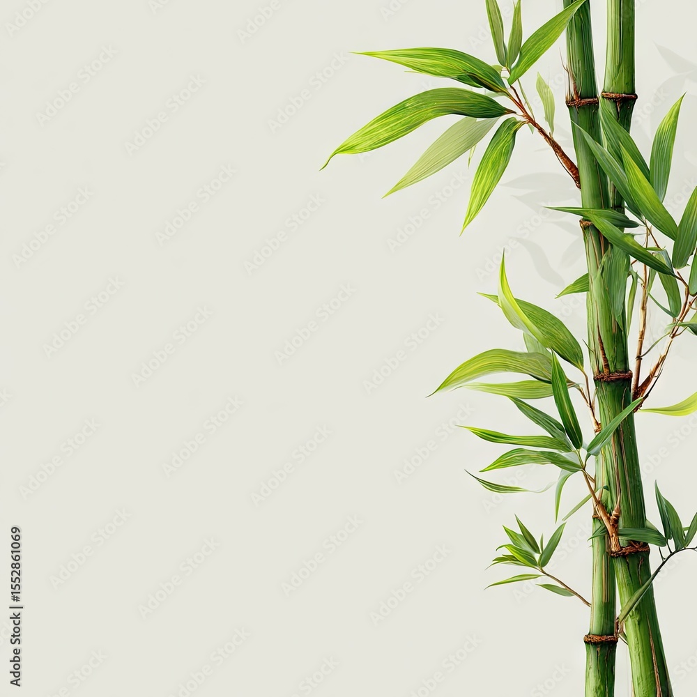Obraz premium Two green bamboo stalks with vibrant leaves against a light grey background, leaving ample space to the left