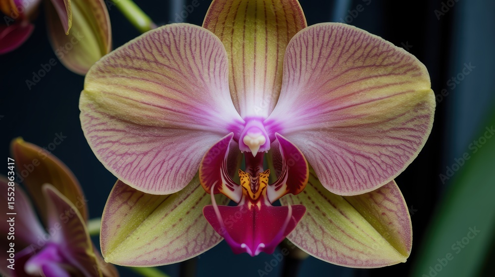 Fototapeta premium Close-up of a vibrant pink and yellow orchid bloom with intricate petal patterns