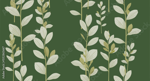 Elegant Olive Green and Cream Botanical Leaf Pattern Seamless Repeat