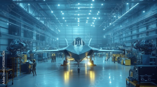 A futuristic jet fighter, centrally positioned within a vast, modern aircraft hangar, surrounded by maintenance personnel and robotic arms