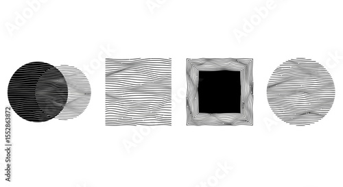Abstract Shapes Grey Scale Circles, Squares, and Wave Patterns - Vector Illustration