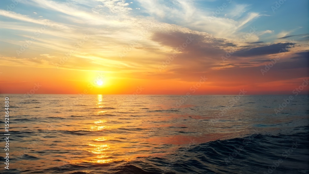 Fototapeta premium Vibrant Sunset Over Ocean with Reflective Waves and Orange Sky