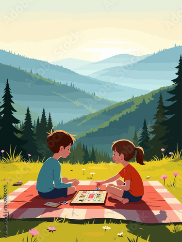 a family with two young children sitting on a picnic blanket near a scenic overlook in the Great Smoky Mountains National Park, their backs to the camera 