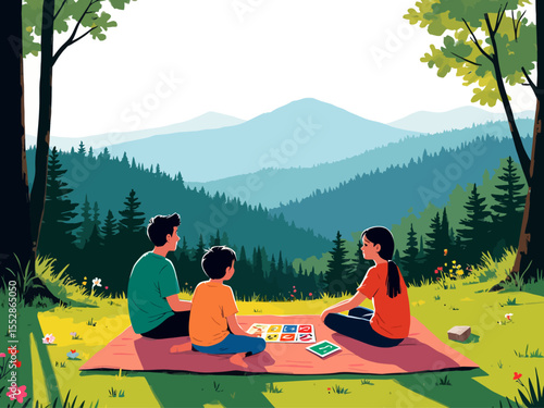 a family with two young children sitting on a picnic blanket near a scenic overlook in the Great Smoky Mountains National Park, their backs to the camera 