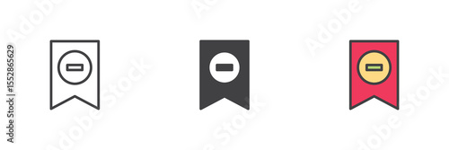 Bookmark icon with a minus sign in line, solid, and filled outline style
