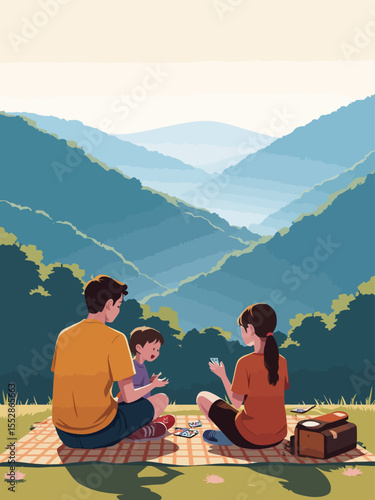 a family with two young children sitting on a picnic blanket near a scenic overlook in the Great Smoky Mountains National Park, their backs to the camera 