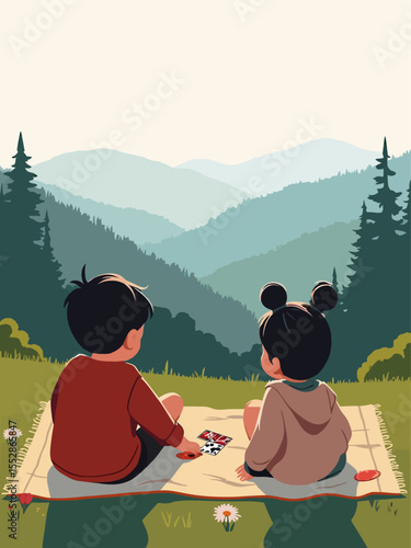 a family with two young children sitting on a picnic blanket near a scenic overlook in the Great Smoky Mountains National Park, their backs to the camera 