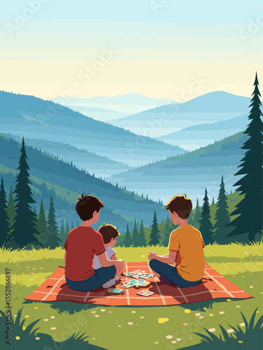 a family with two young children sitting on a picnic blanket near a scenic overlook in the Great Smoky Mountains National Park, their backs to the camera 