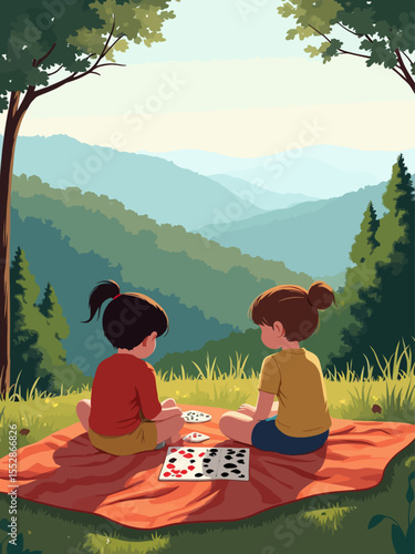 a family with two young children sitting on a picnic blanket near a scenic overlook in the Great Smoky Mountains National Park, their backs to the camera 