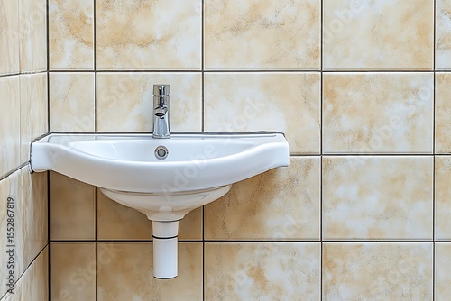 White sink with chrome faucet installed on a tiled wall. Corner view of bathroom interior