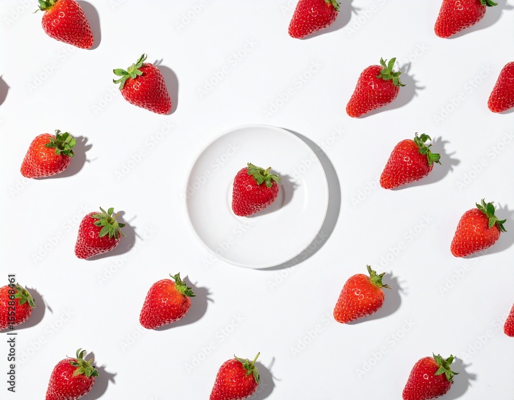 Summer creative pattern with strawberry on small plate on white background Summer creative pattern with strawberry on small plate on white background