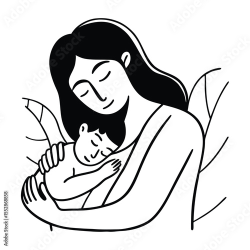 Minimalist single line art of a mother tenderly holding her child symbolizing love family and connection in a simple elegant design