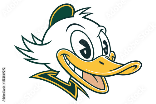 Animated white duck head shows a toothy grin, flaunting green and yellow accents