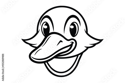 Black and white cartoon illustration shows smiling duck face with simple outline