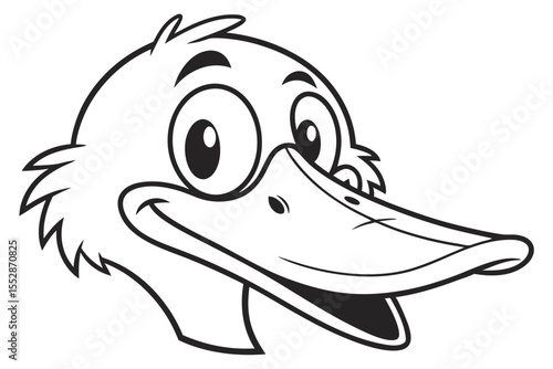 Adorable cartoon duck face smiles broadly displaying its beak and happy eyes in black and white