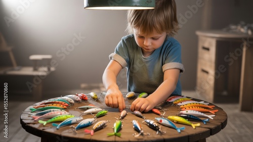 Young caucasian child exploring colorful fishing lures on wooden table