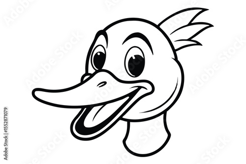 Cartoon duck presents a cheerful smile, showcasing vibrant eyes and feathery plumage