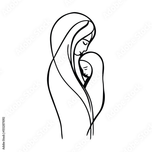 Minimalist line art illustration depicting a mother gently holding and embracing her baby symbolizing love connection and family in a clean abstract style