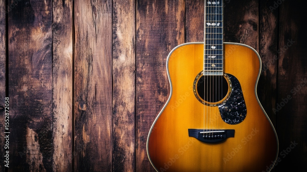 Fototapeta premium Acoustic guitar on rustic wooden wall background for music instrument folk and vintage visuals