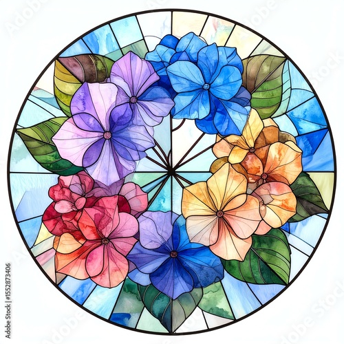 Circular Watercolor Hydrangea Bouquet in Stained Glass Style