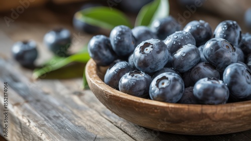 Wallpaper Mural Fresh dew-covered blueberries in wooden bowl on rustic table Torontodigital.ca