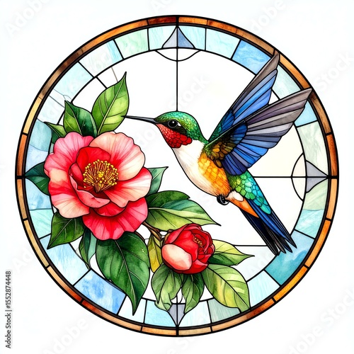 Vibrant Hummingbird and Camellia in Circular Stained Glass Design
