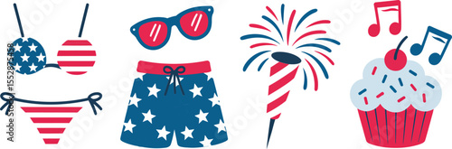 Beachwear and fun accessory set. Swimsuit, sunglasses, music notes, fireworks, bikini, cupcake, water sparkle theme in patriotic red white blue style  