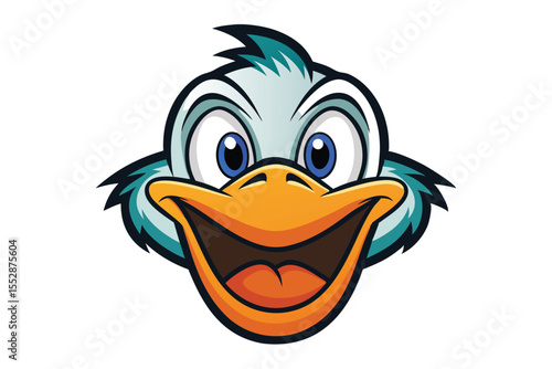 Cartoon duck with wide open mouth and bright blue eyes looks happy