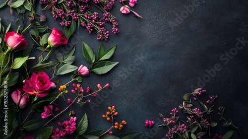 Flat lay of bright pink flowers and green leaves on dark slate for spring nature visuals