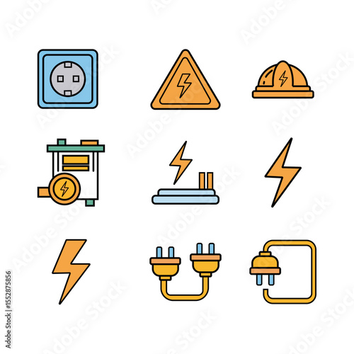 A comprehensive set of nine colorful vector icons related to electricity, including outlets, warning signs, hard hats, battery, charging, and lightning bolts.
