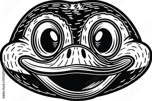 Bold black and white illustration shows a comical turtle face grinning cheerfully at the viewer