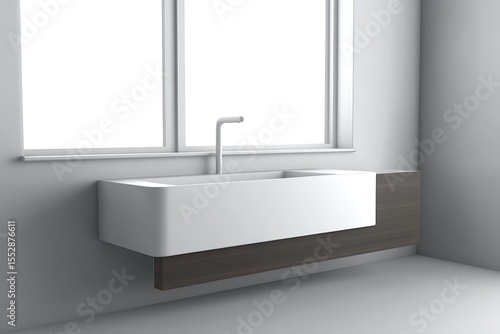 Modern sink Minimalist white basin with dark wood cabinet below a window in a bright bathroom