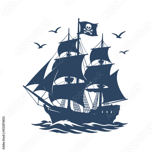Silhouette of pirate ship with skull flag sailing on ocean waves, seagulls flying. vintage nautical adventure and maritime illustration.
