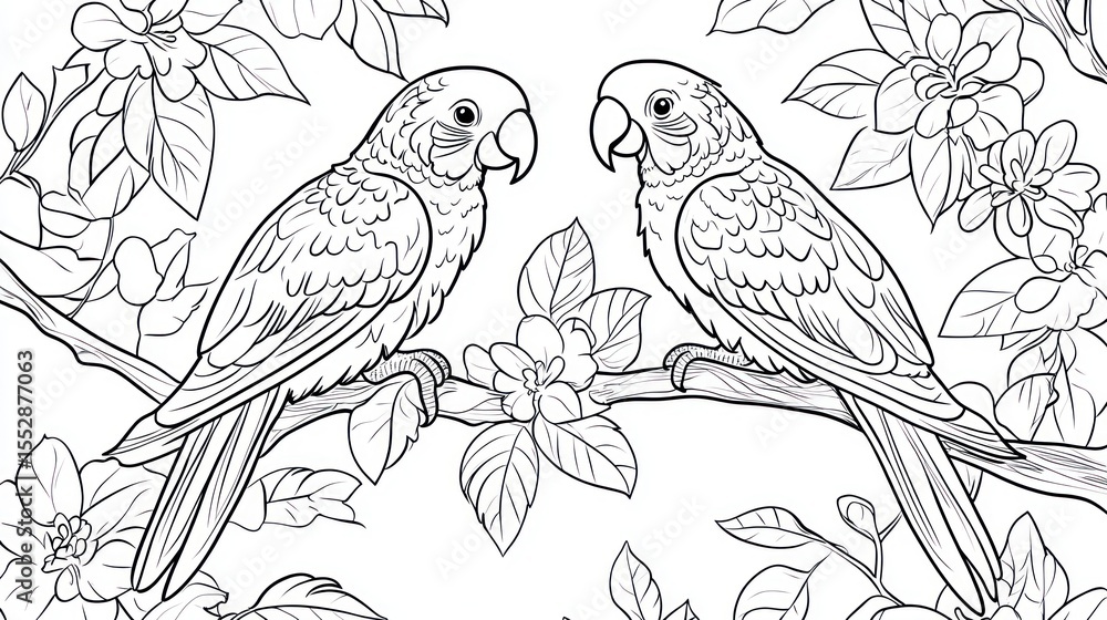 Fototapeta premium Parrots on branch, floral background (4)