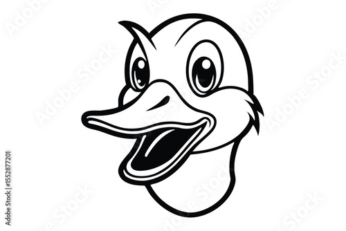 Cartoonish duck character smiles widely in a bold black and white drawing with a pointed beak