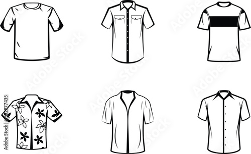 Six black and white illustrations of men's shirts t-shirt