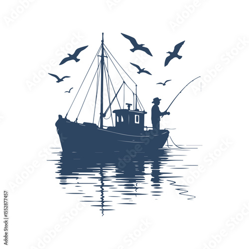 Silhouette of fisherman on a boat with fishing rod and flying seagulls. peaceful ocean scene, maritime adventure, nautical illustration.
