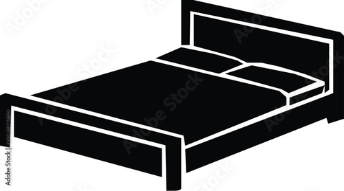 Classic wooden bed silhouette vector,  style bedframe illustration, bedroom furniture design with pillow, black double bed graphic of  interior sleep furniture, 